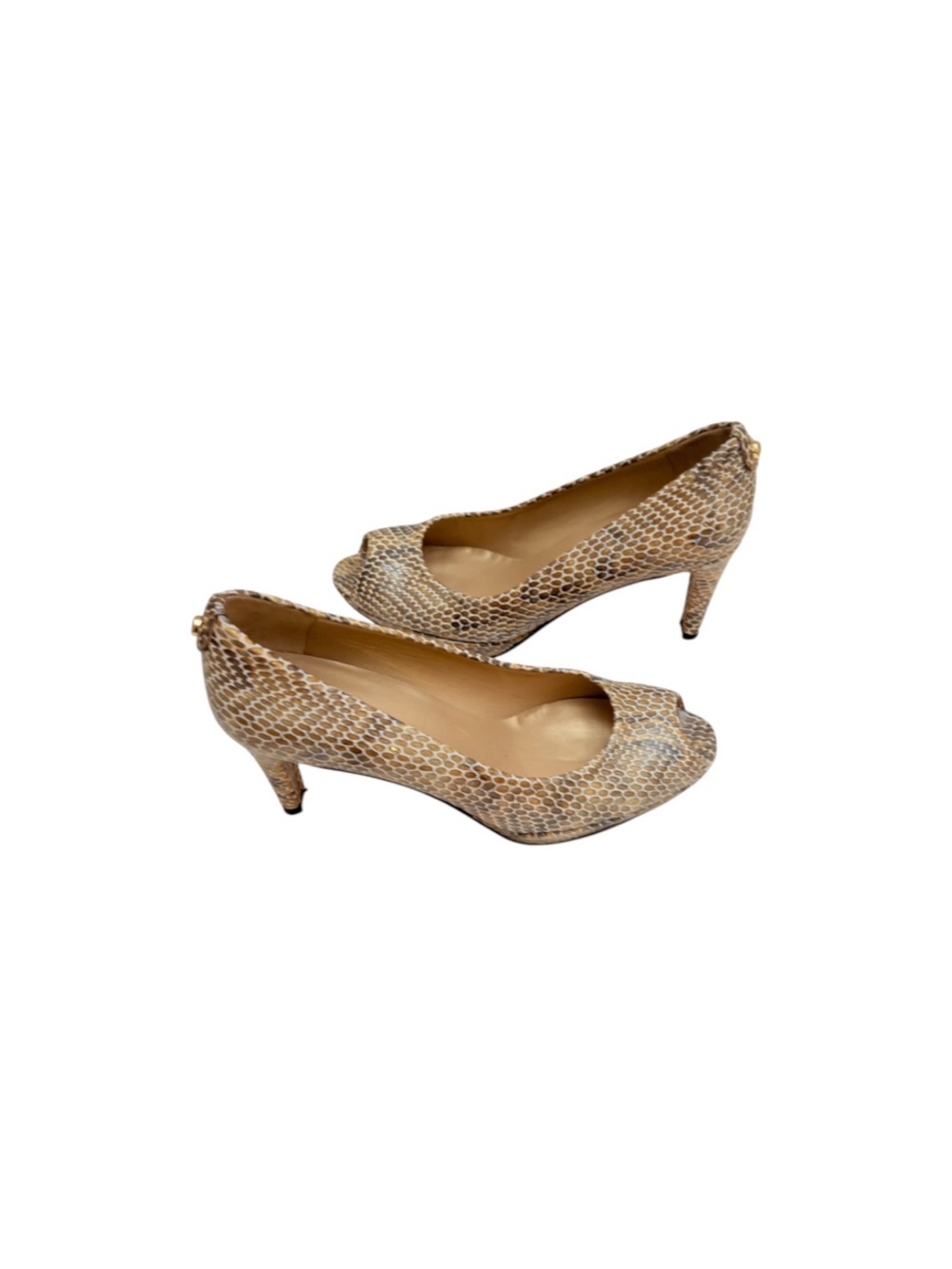 Stuart Weitzman Brown Tan Snake Embossed Leather Open Toe Heels 8.5 N